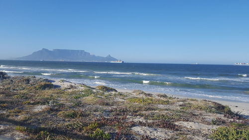 Scenic view of sea against clear blue sky