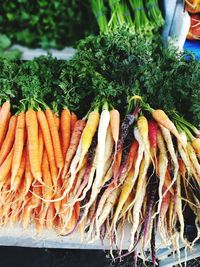 High angle view of colorful carrots for sale at market stall