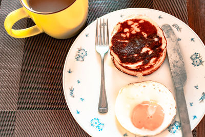 High angle view of breakfast served on table