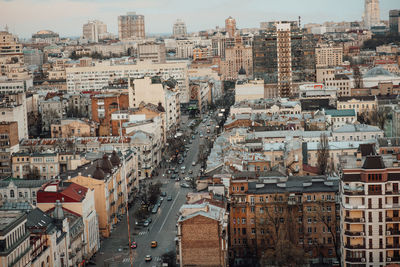 High angle view of street and buildings in city