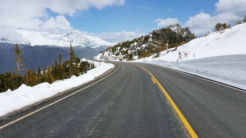Country road passing through snow covered mountains
