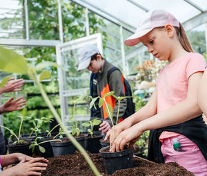 Young gardeners transplanting plants in greenhouse