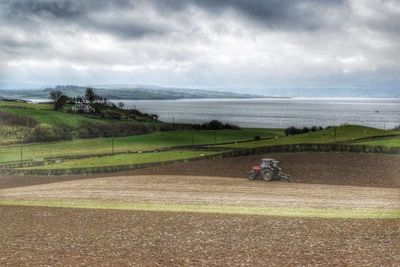 Scenic view of agricultural field by sea against sky