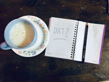 High angle view of coffee on table