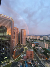 High angle view of buildings in city against sky