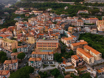 High angle view of buildings in town