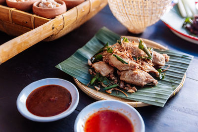 High angle view of food served on table