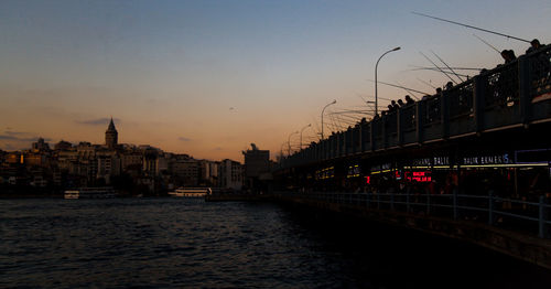 Bridge over river against buildings in city at sunset