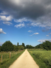 Empty road amidst field against sky