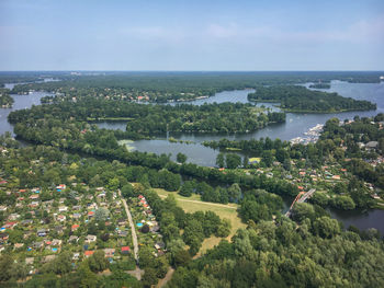 Aerial of berlin wirth districts of spandau and reinickendorf and with lake tegel against sky