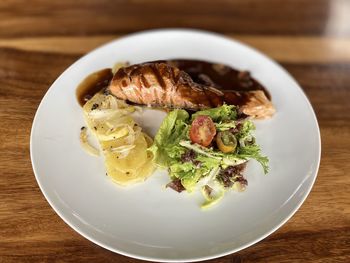 High angle view of food in plate on table