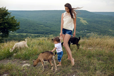 Woman with a child in a field on the mountain sitting next to a small goat in the summer