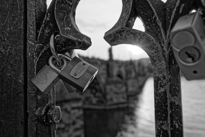 Close-up of padlocks hanging on metal