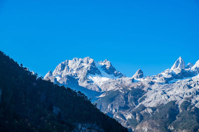 Scenic view of snowcapped mountains against clear blue sky