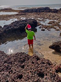 Rear view of boy on rock at beach against sky