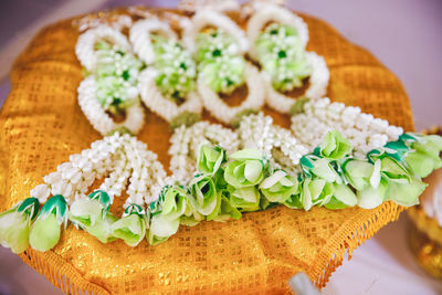 Close-up of dessert served on table