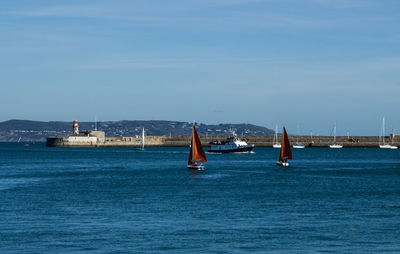 Sailboat sailing in sea against sky