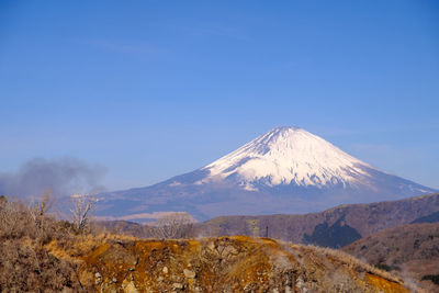 Scenic view of snowcapped mt fuji against clear blue sky