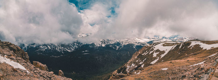 Panoramic view of snowcapped mountains against sky