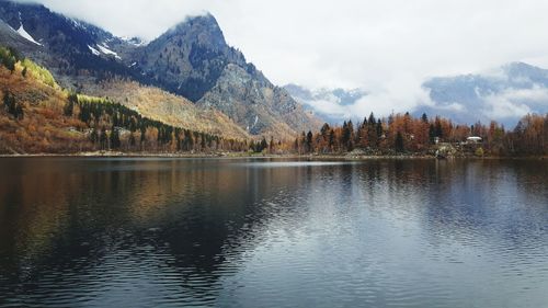 Scenic view of lake and mountains against sky