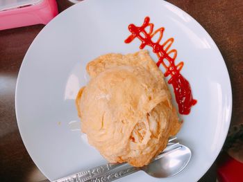 High angle view of food in plate on table