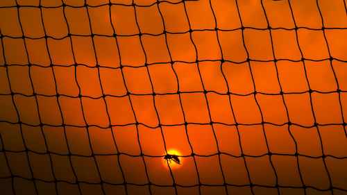 Low angle view of orange fence against sky during sunset