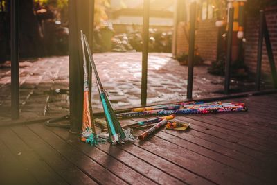 Close-up of new year trumpets on wooden surface