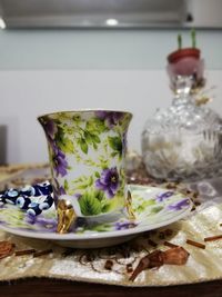 Close-up of cake served on table at home