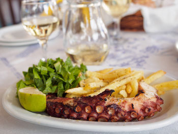 Close-up of meal served on table