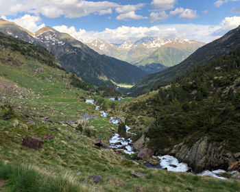Scenic view of mountains against cloudy sky