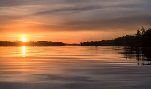 Scenic view of lake against orange sky