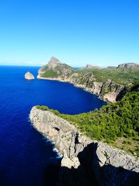 Scenic view of sea against clear blue sky