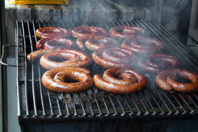 Close-up of meat on barbecue grill