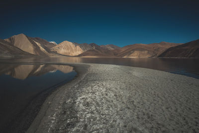 Scenic view of mountains against clear blue sky