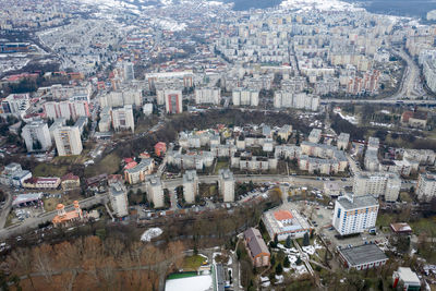 Aerial urban landscape, houses and flat of blocks. above view of cluj napoca, city, romania