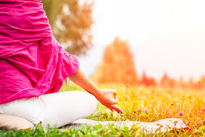 Low section of woman sitting on field