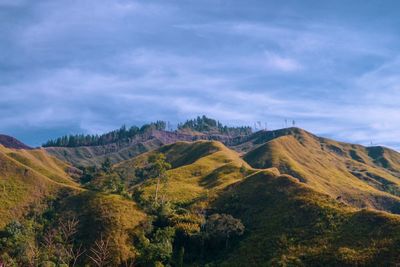 Scenic view of mountains against cloudy sky