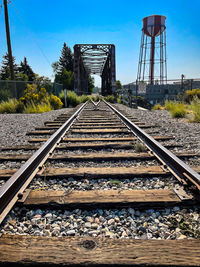 Surface level of railroad tracks against clear sky