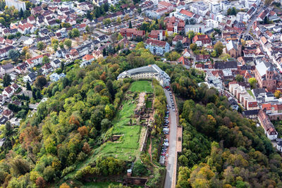 High angle view of townscape and trees in town