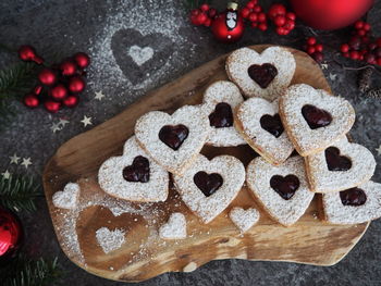 High angle view of heart shape cookies