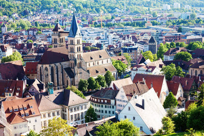 High angle view of buildings in town