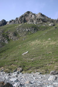 Scenic view of land and mountains against sky