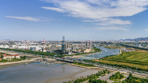 High angle view of cityscape against sky