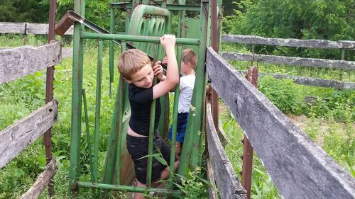 Boy holding metal fence with male friend amidst plants on field