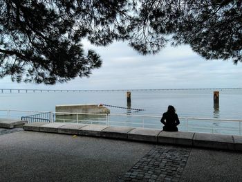 Rear view of people at swimming pool against sky