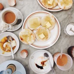 High angle view of breakfast served on table