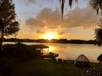 Scenic view of lake against sky during sunset