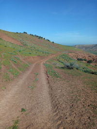 Dirt road amidst land against clear blue sky