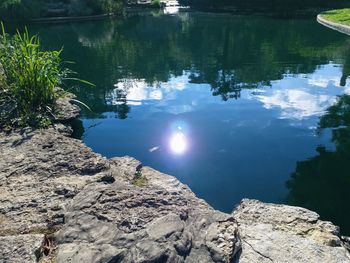 High angle view of rocks in lake