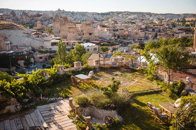 High angle view of townscape and trees in town